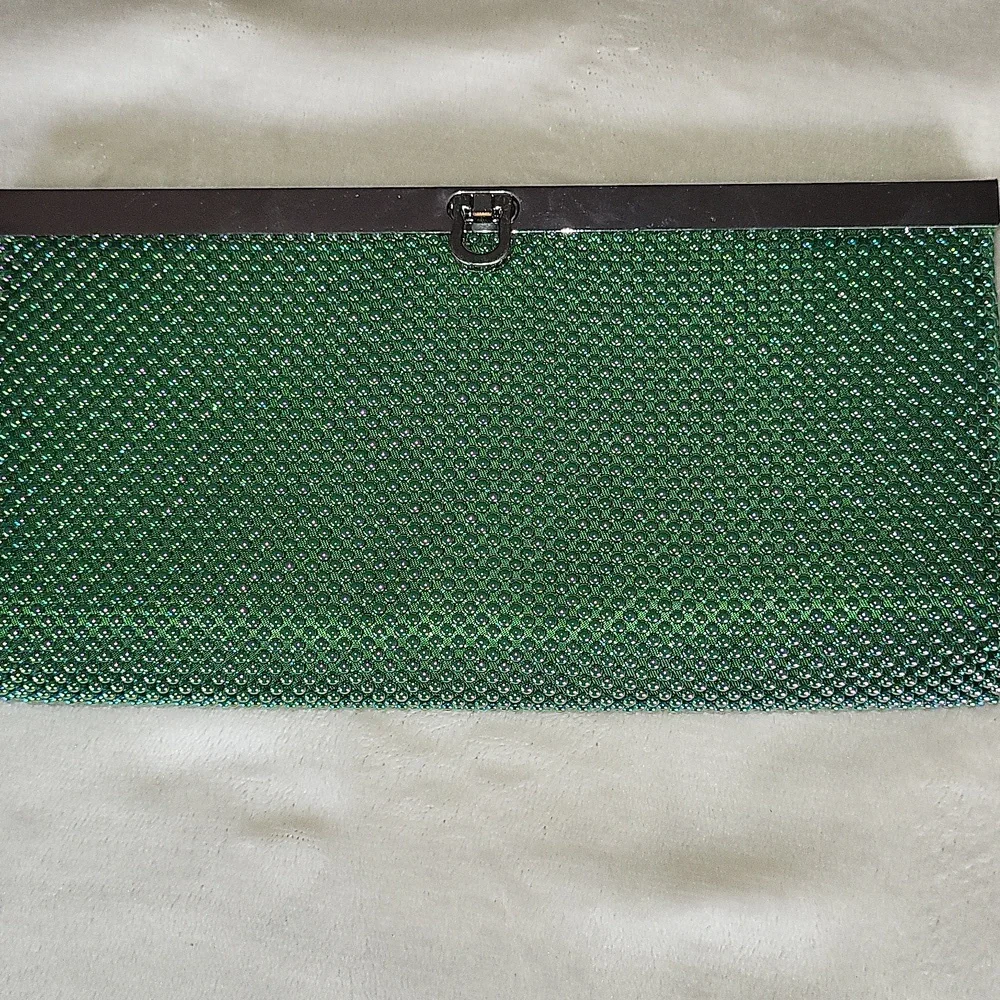 bebe Green Crystal Mesh Clutch